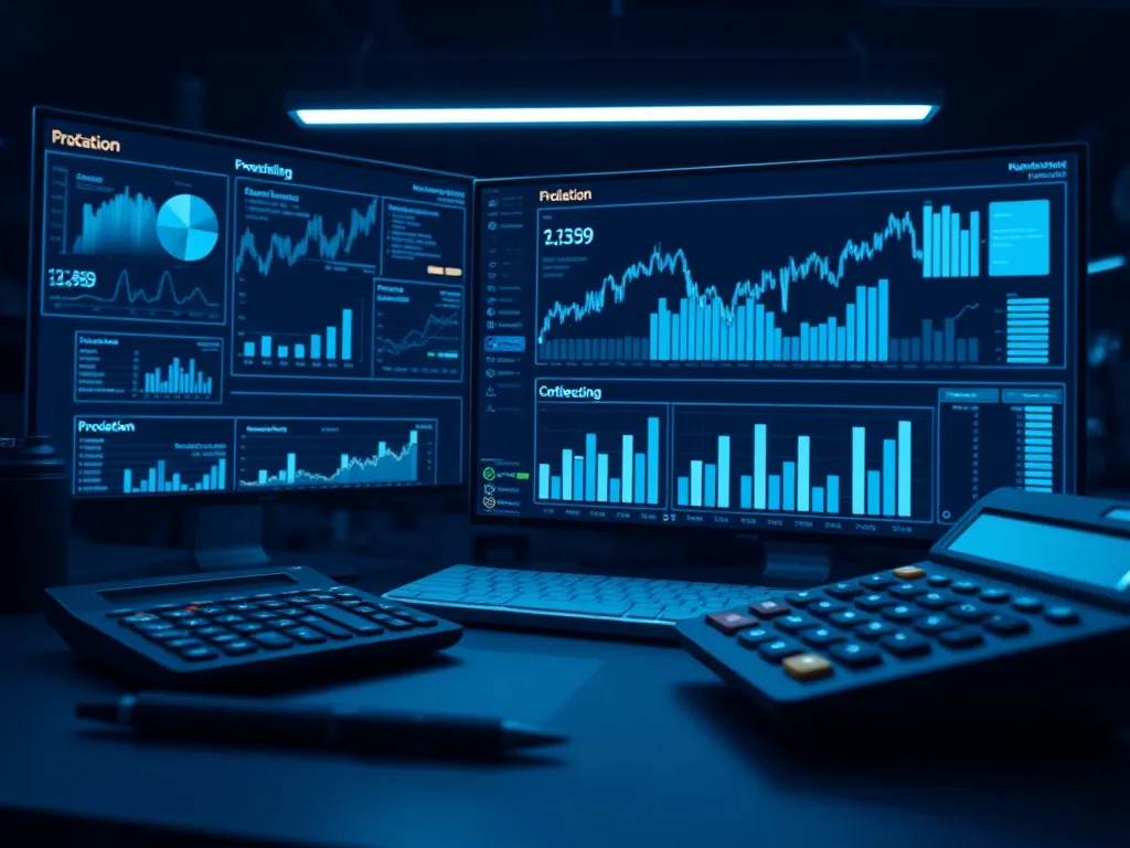A high-tech digital workspace with financial charts, calcula