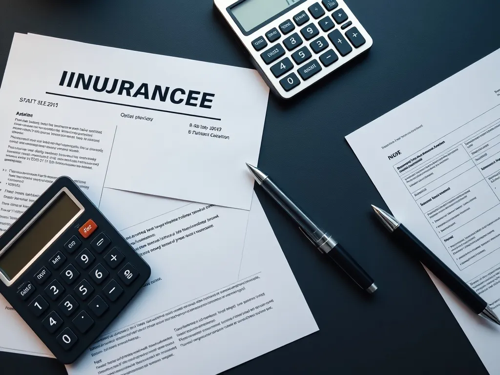 A professional flat lay of insurance documents, a calculator