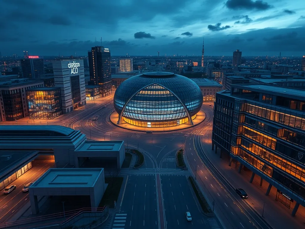 A high-tech cinematic wide shot of Szczecin city architectur