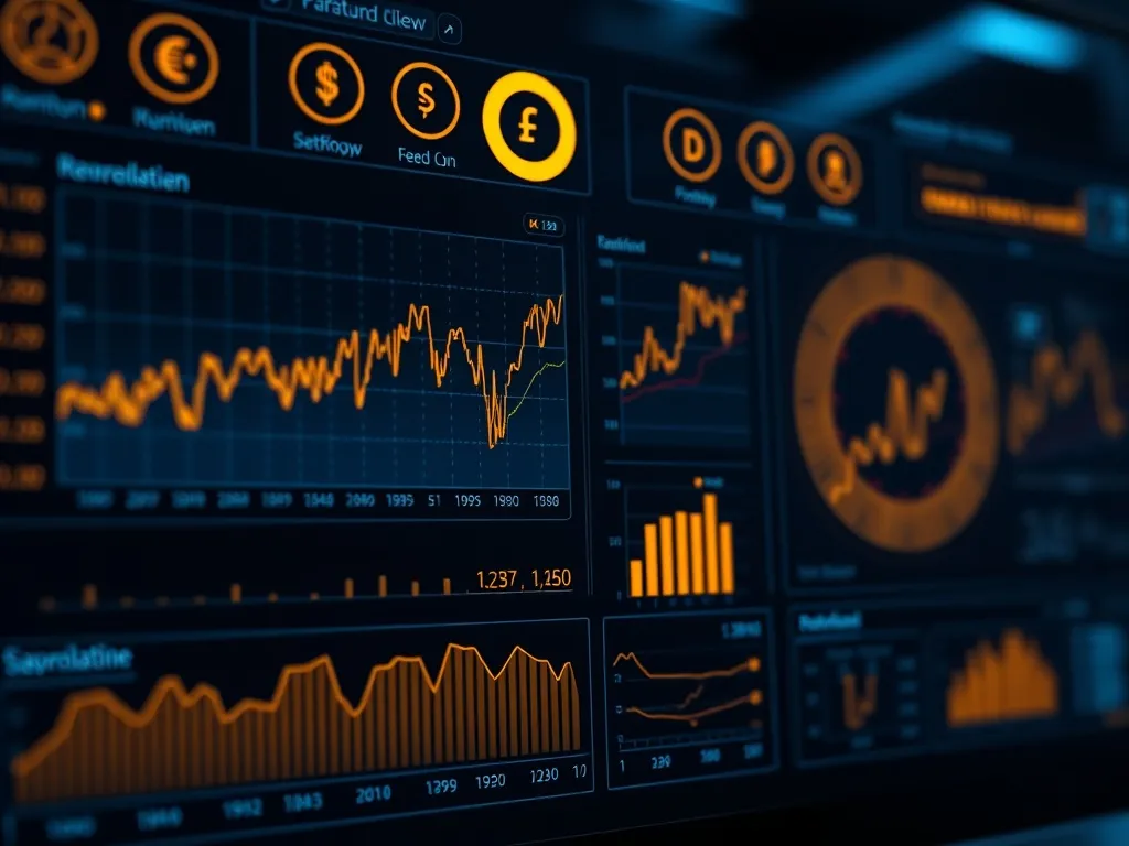 A high-tech digital dashboard showing financial charts and c